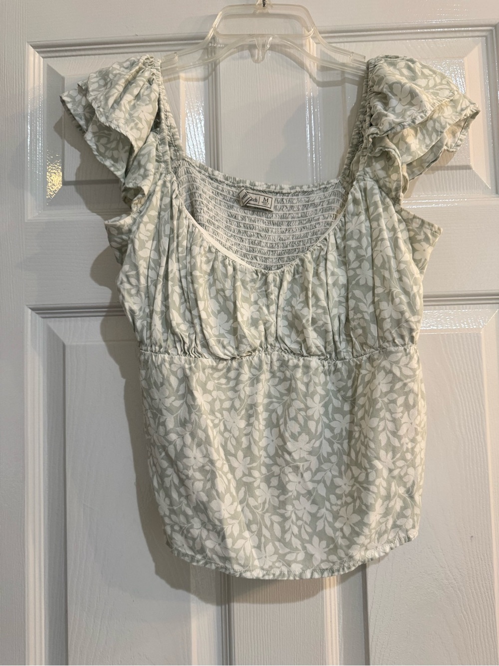Abercrombie & Fitch Light Sage Floral Smocked Puff-Sleeve Crop Top